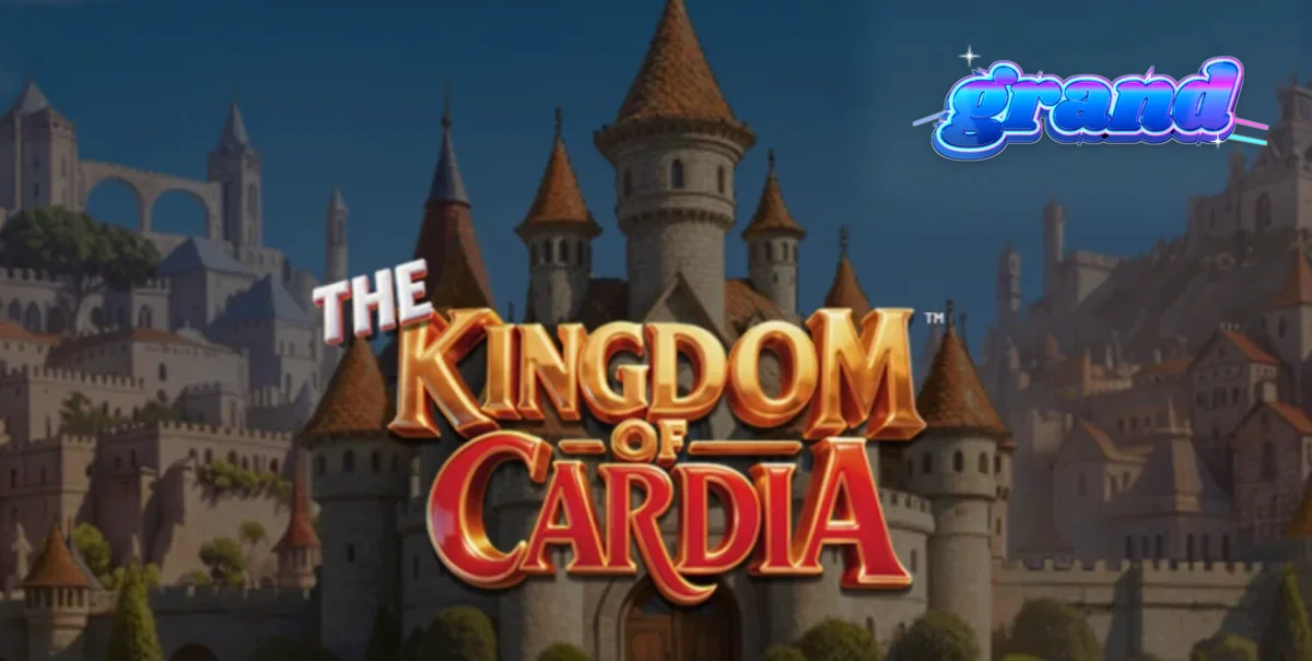 The Kingdom of Cardia slot game interface featuring fantasy garden visuals and playing card symbols.